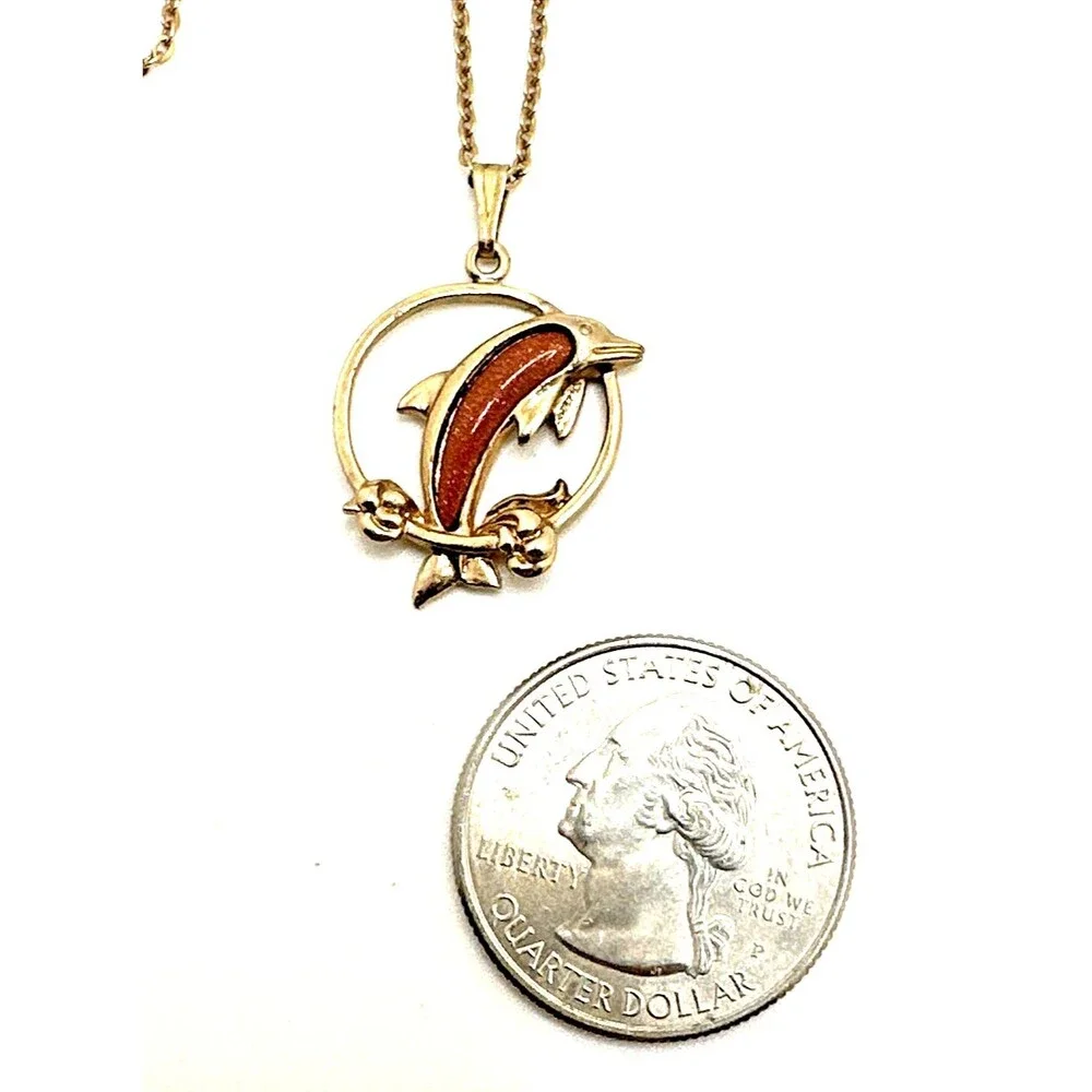 Vintage Leaping Dolphin Pendant Necklace Goldstone Gold Tone Jumping 18